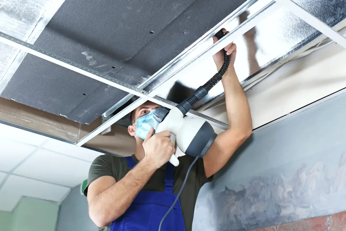 Worker in a mask cleaning a ceiling air duct with a handheld tool