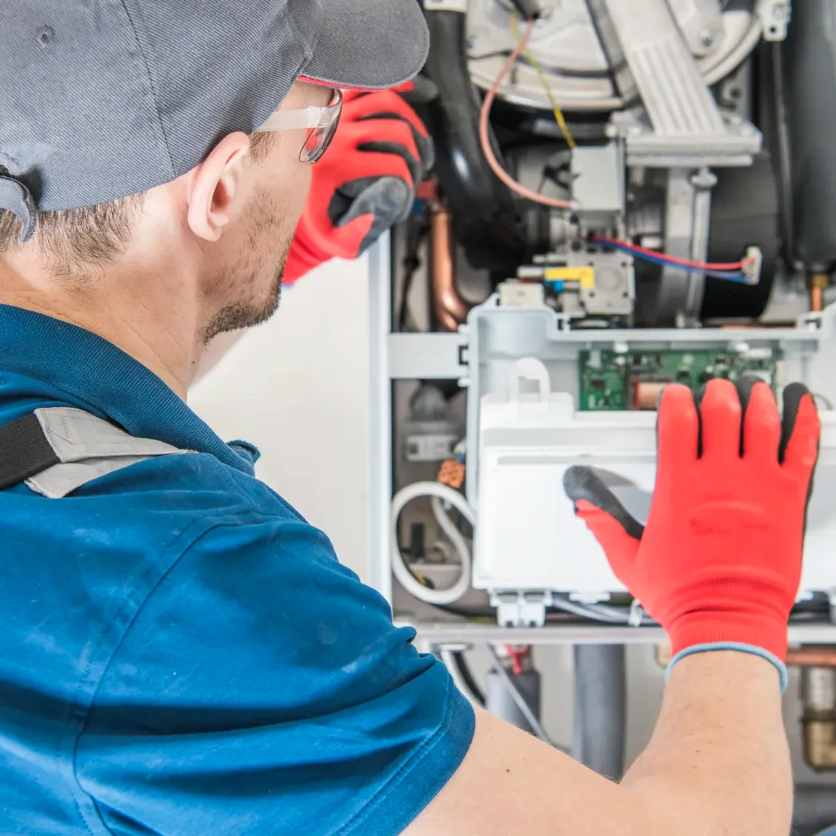 Technician in red gloves servicing a boiler's controls